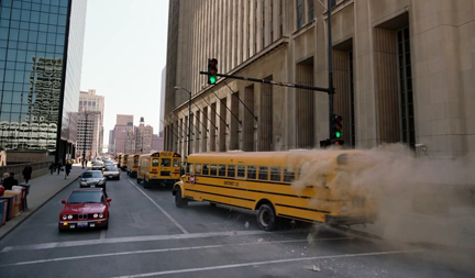 That or it's quite normal for school buses to come out of banks in Gotham.